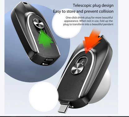 2 In 1 Mini Keychain Power Bank Keyring Hanging Buckle 2 Output Interfaces 5V 1200MAH Backup Power Bank Retractable Plug Waterproof Phone Charging Accessories