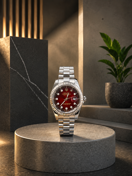 Luxury Burgundy Dial Watch on Stone.